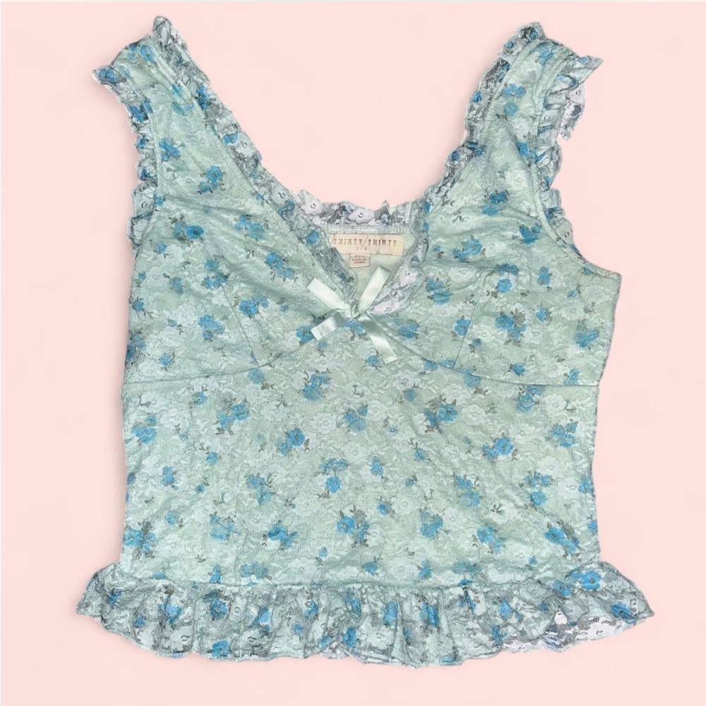 Blue and Green Ruffled Tie Front Sleeveless Tank Top